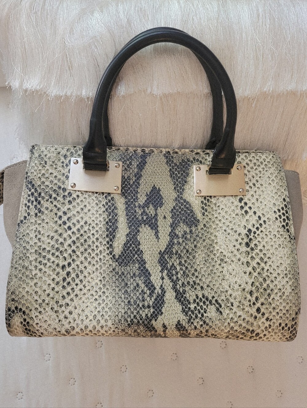 PRÜNE Python Snakeskin Embossed Leather Satchel Handbag Gray Suede Panel